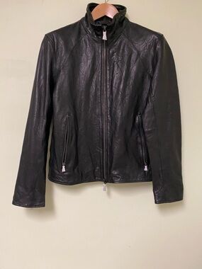 John Varvatos Black Leather Stand-Collar Zip Jacket